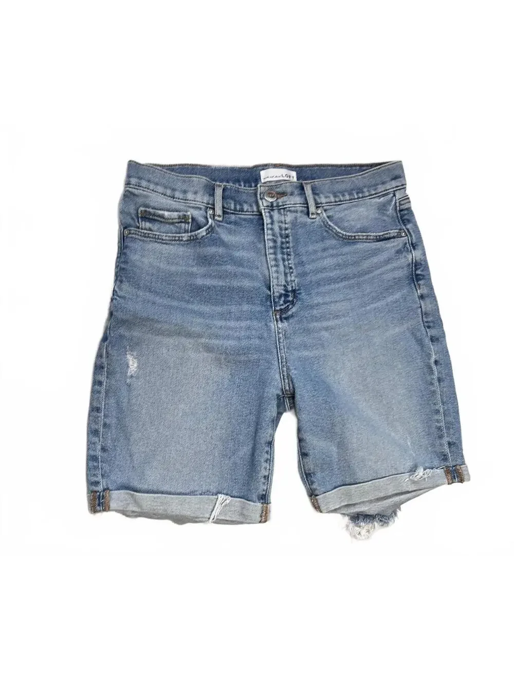 LOFT Light Wash Bermuda Shorts High Rise Cuffed Distressed Frayed Size 30 10